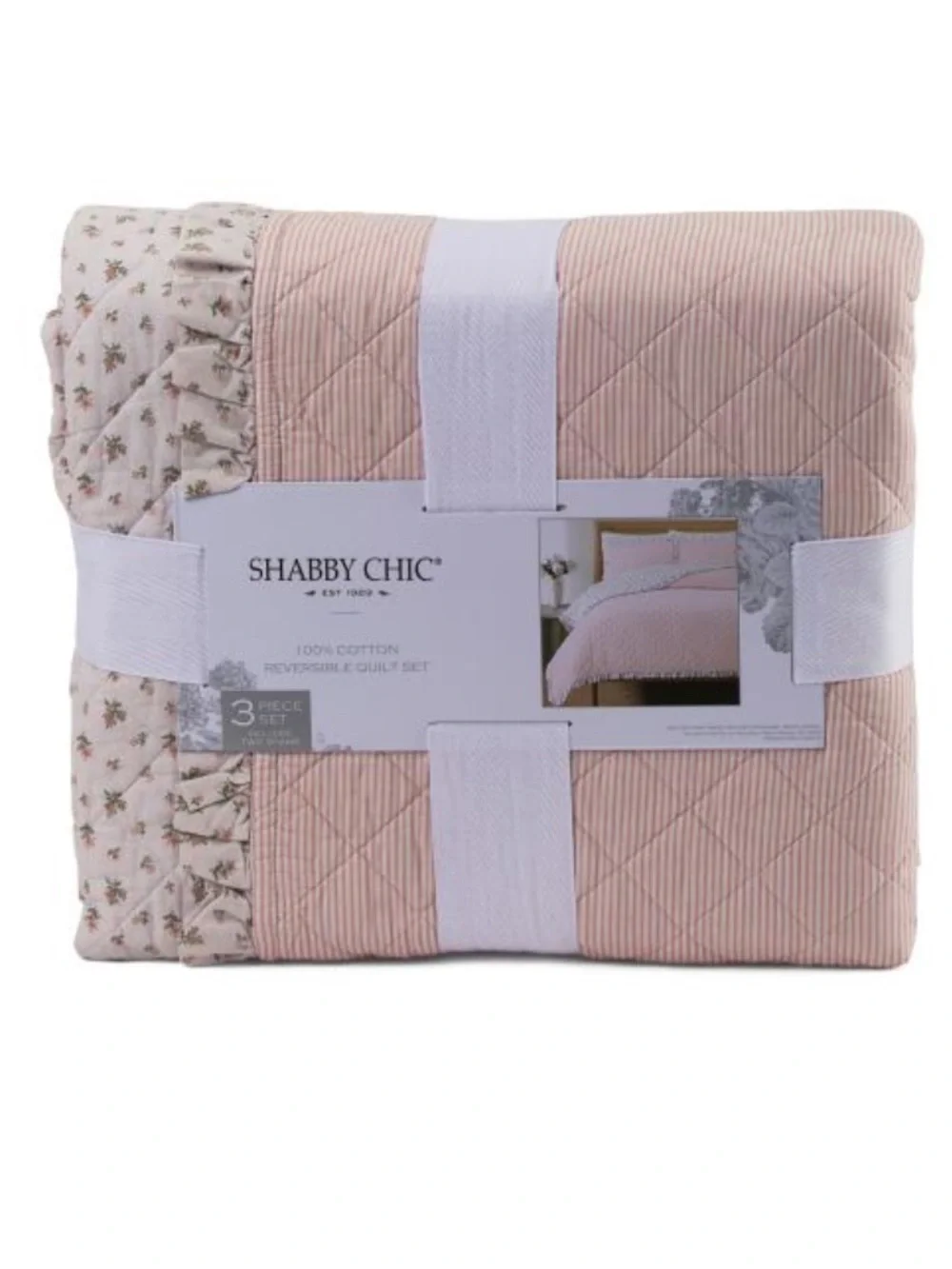 Shabby Chic Soft Pink Reversible Quilt Set with Floral Ruffle